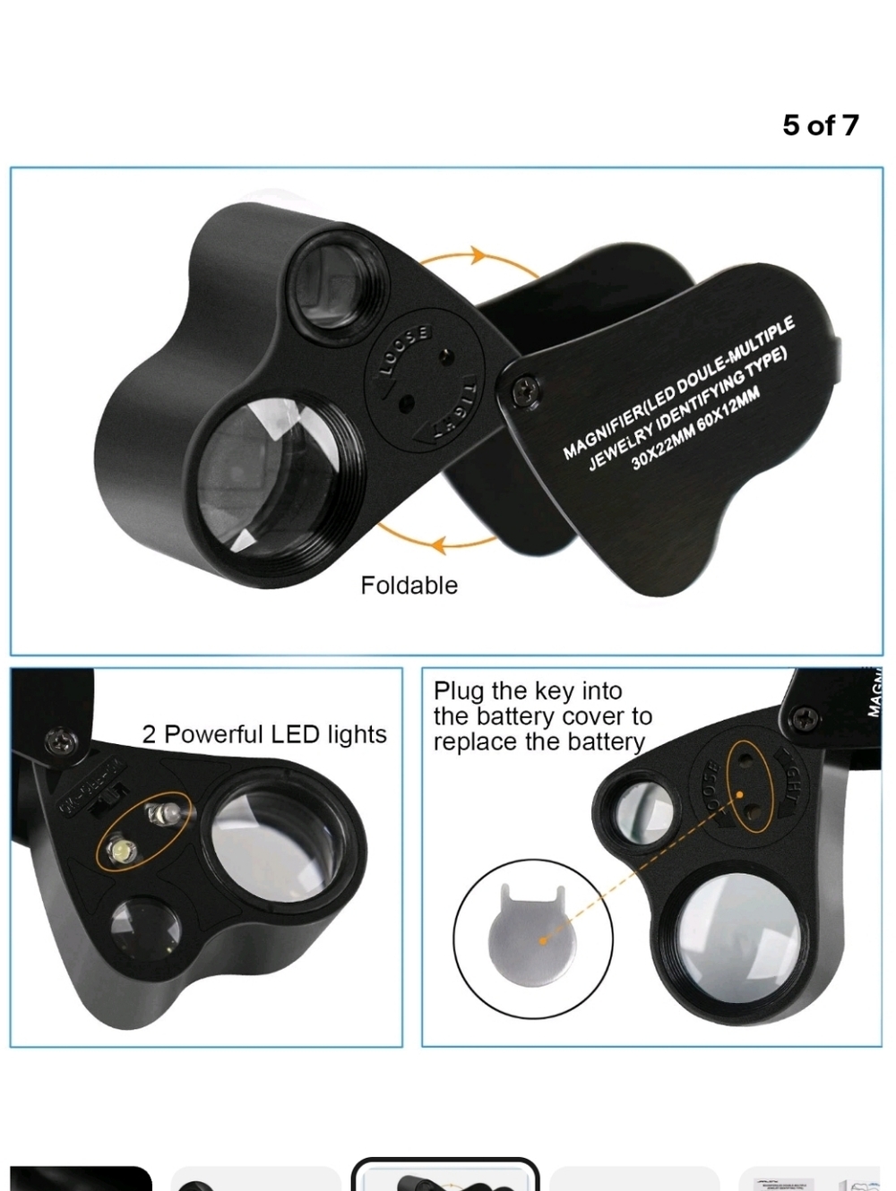 30X 60X Illuminated Jewelers Eye Loupe Foldable Magnifier Bright LED Light Black